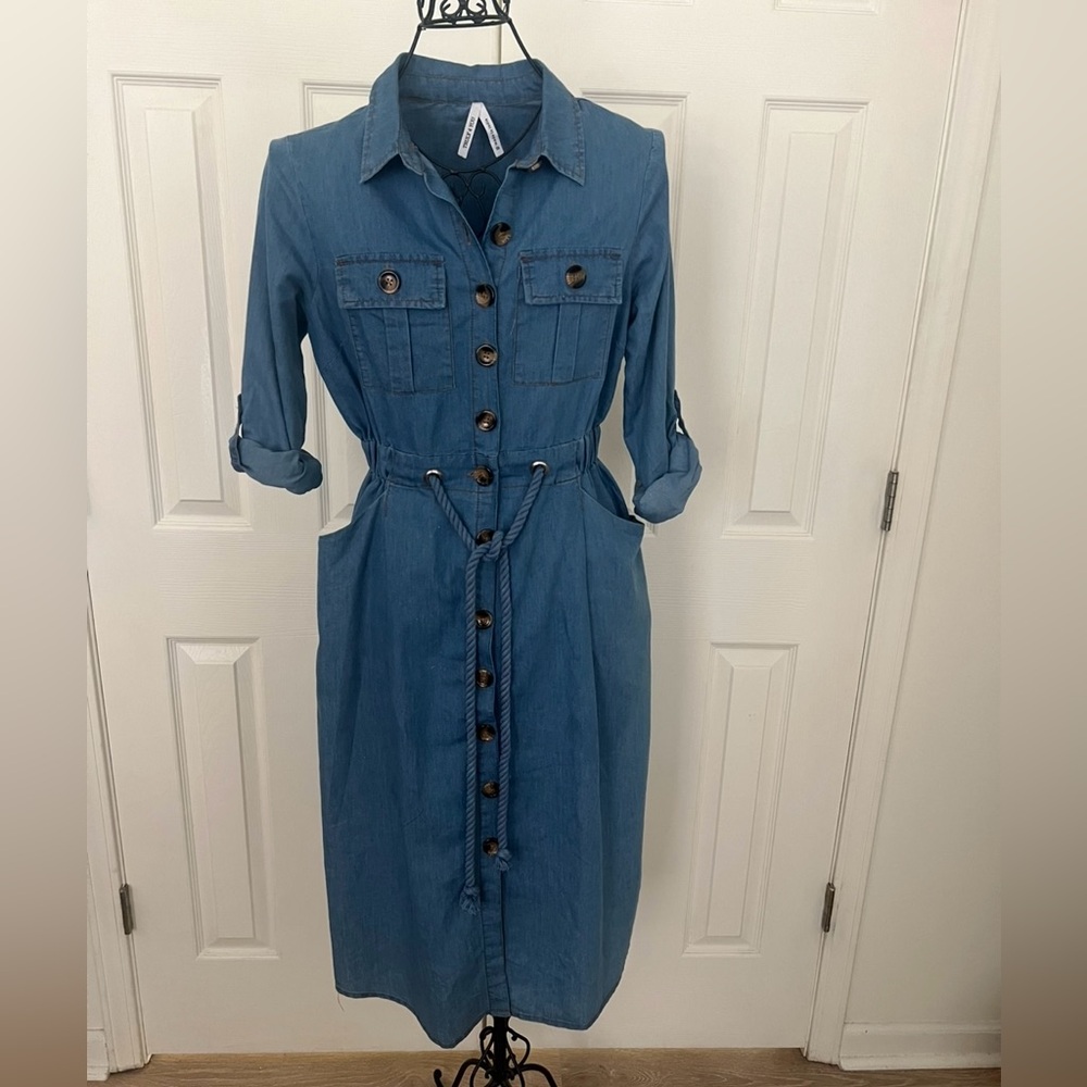 ✅Truly 4 You—Denim  Button up Front long ,Drawstring Shirt Dress